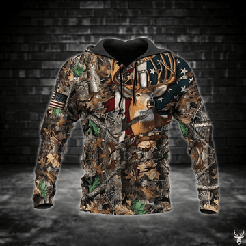 FUNSTUFFPRINT Deer Hunting Camo Brown Flag 3D Hoodie and Zip Hoodie