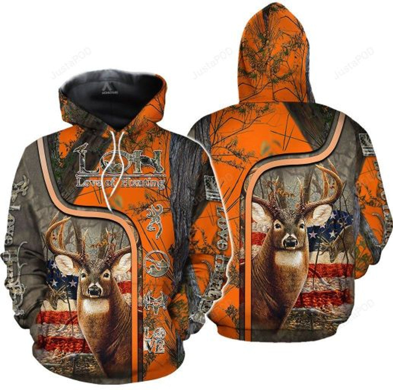 FUNSTUFFPRINT Deer Hunting Usa Flag Camo 3D Hoodie and Zip Hoodie
