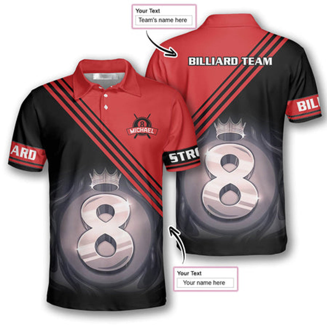 Custom Billiard Ball 8 Red Black Custom Billiard Shirts for Men, Custom Billiard Shirts for Team, Men's Billiard Polo Shirts