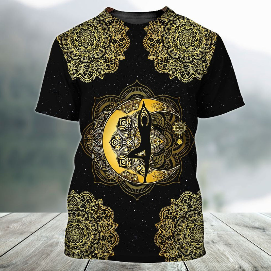 FUNSTUFFPRINT Moon Girl Meditation Mandala 3D T-Shirt, Black Unisex Hippie Shirt 3D T-shirt