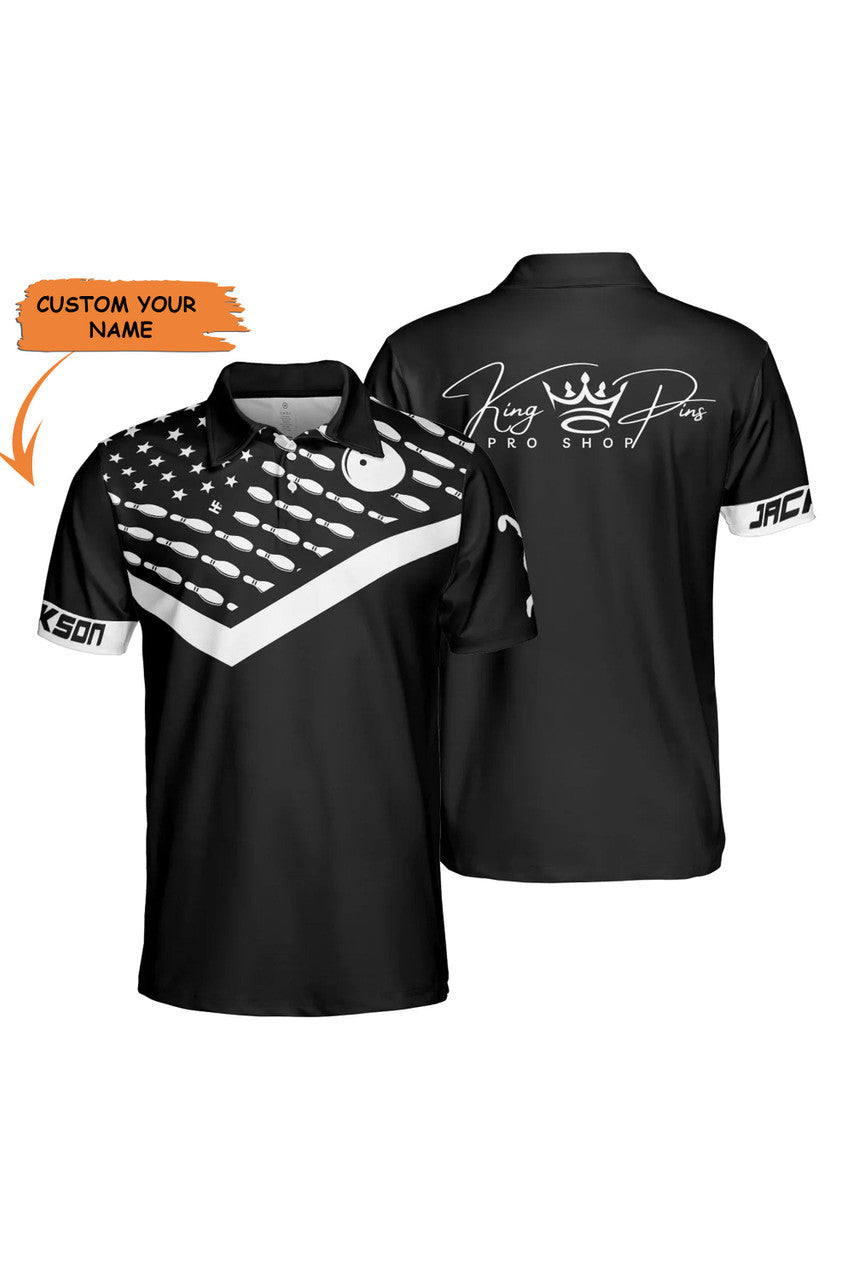 Custom Personalized Bowling Pattern American Flag Men Polo Shirt, King Pins Pro Shop Custom Short Sleeve Shirt For Male