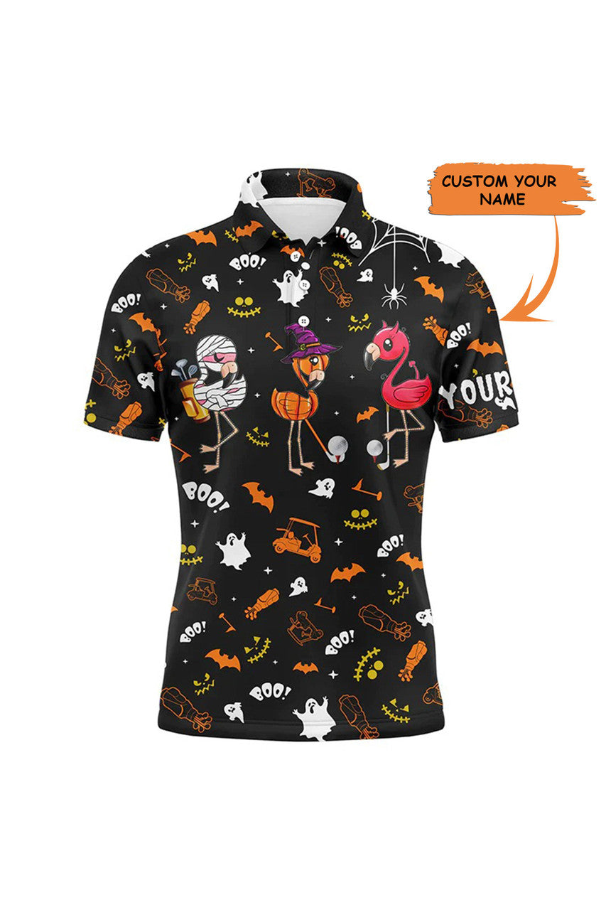 Custom Golf Men Polo Shirts, Custom Name Orange Black Halloween Background Flamingo Apparel - Personalized Gift For Men, Husband, Boyfriend, Golf Lovers