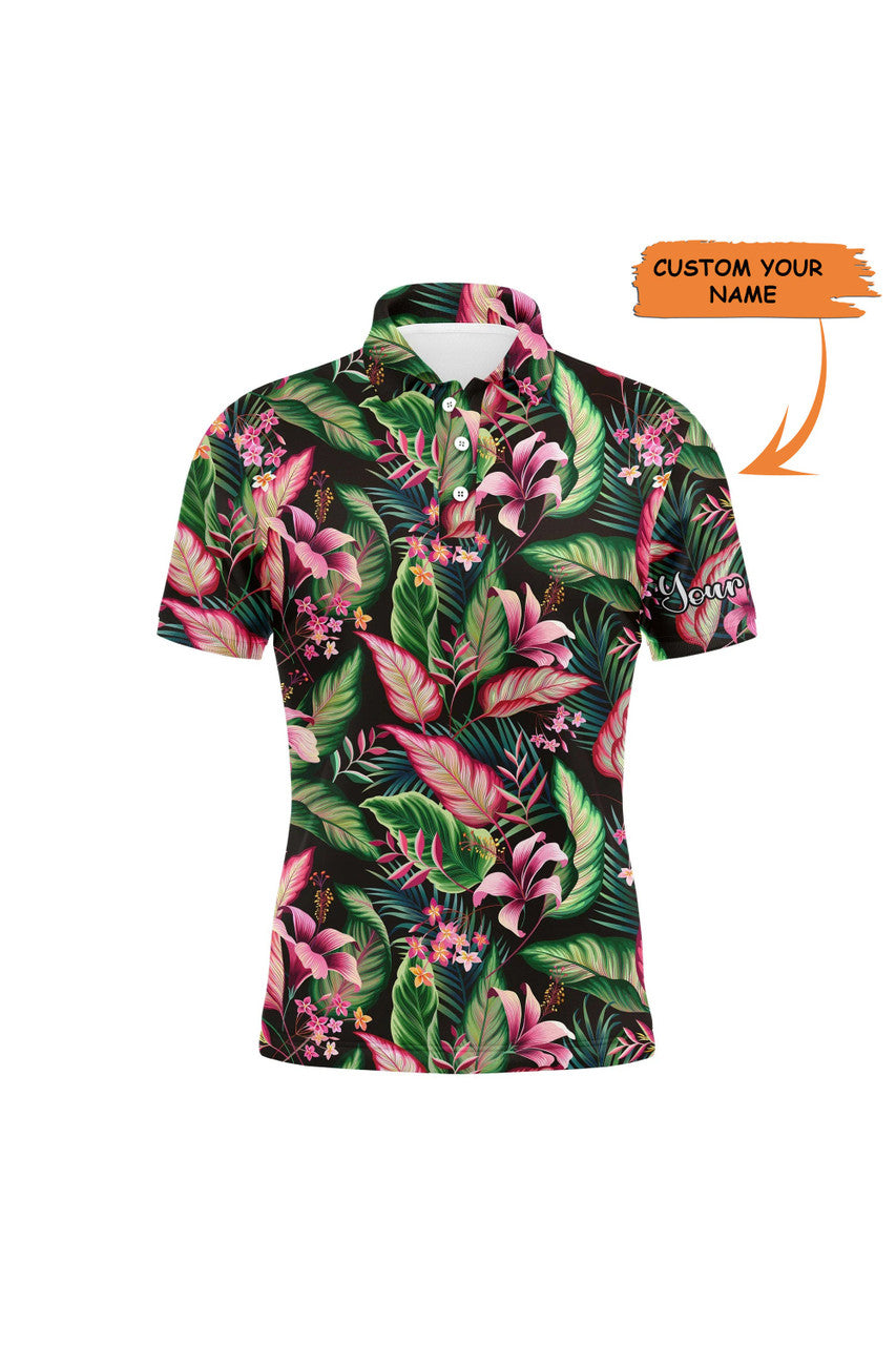 Custom Golf Men Polo Shirt, Custom Name Floral Pattern With Tropical Leaves Apparel - Personalized Sports Gift For Golf Lover, Male, Husband, Boyfriend, Team