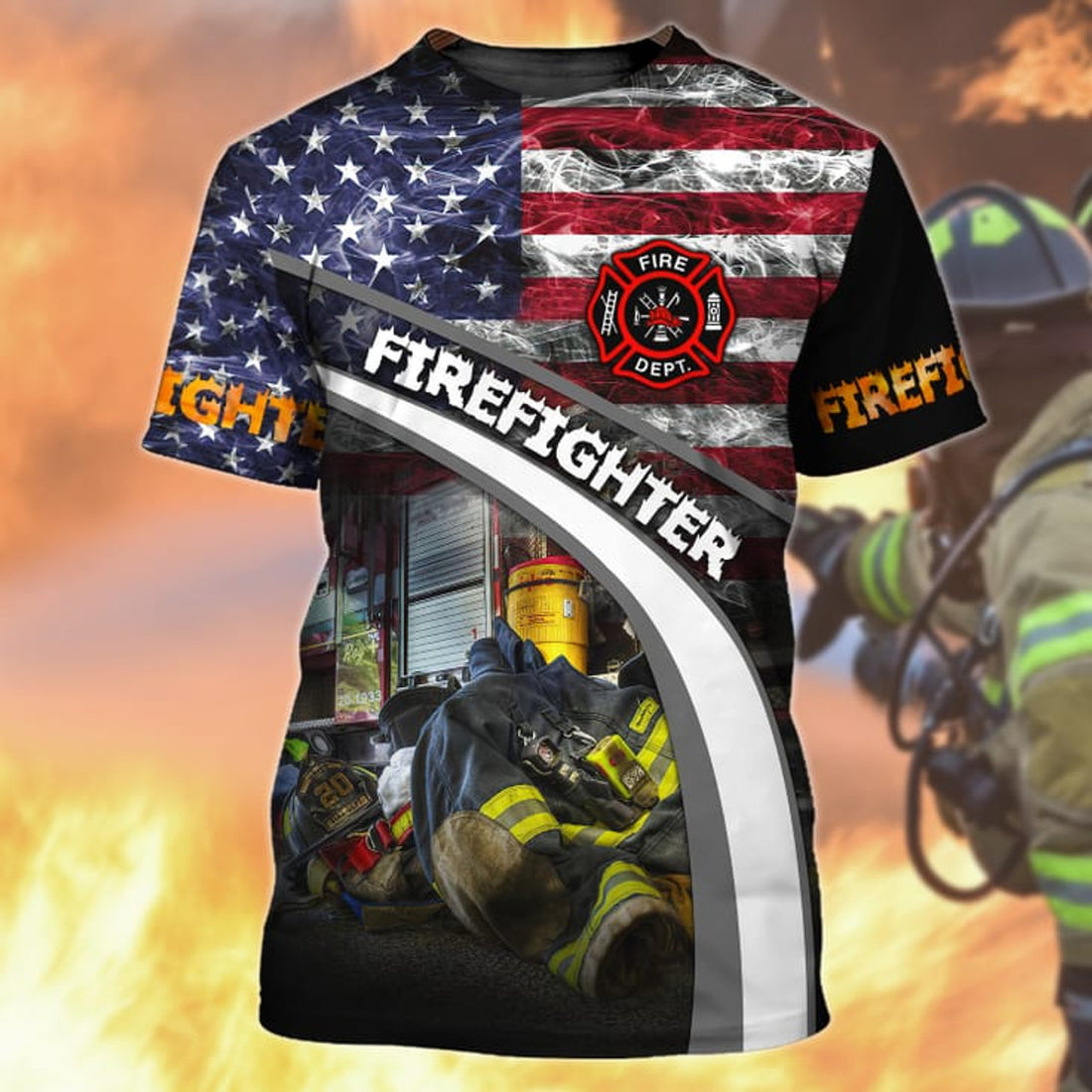 FUNSTUFFPRINT Personalized Smoke Firefighter Flag 3D Shirt, Firefighter Corner With Logo 3D T-shirt
