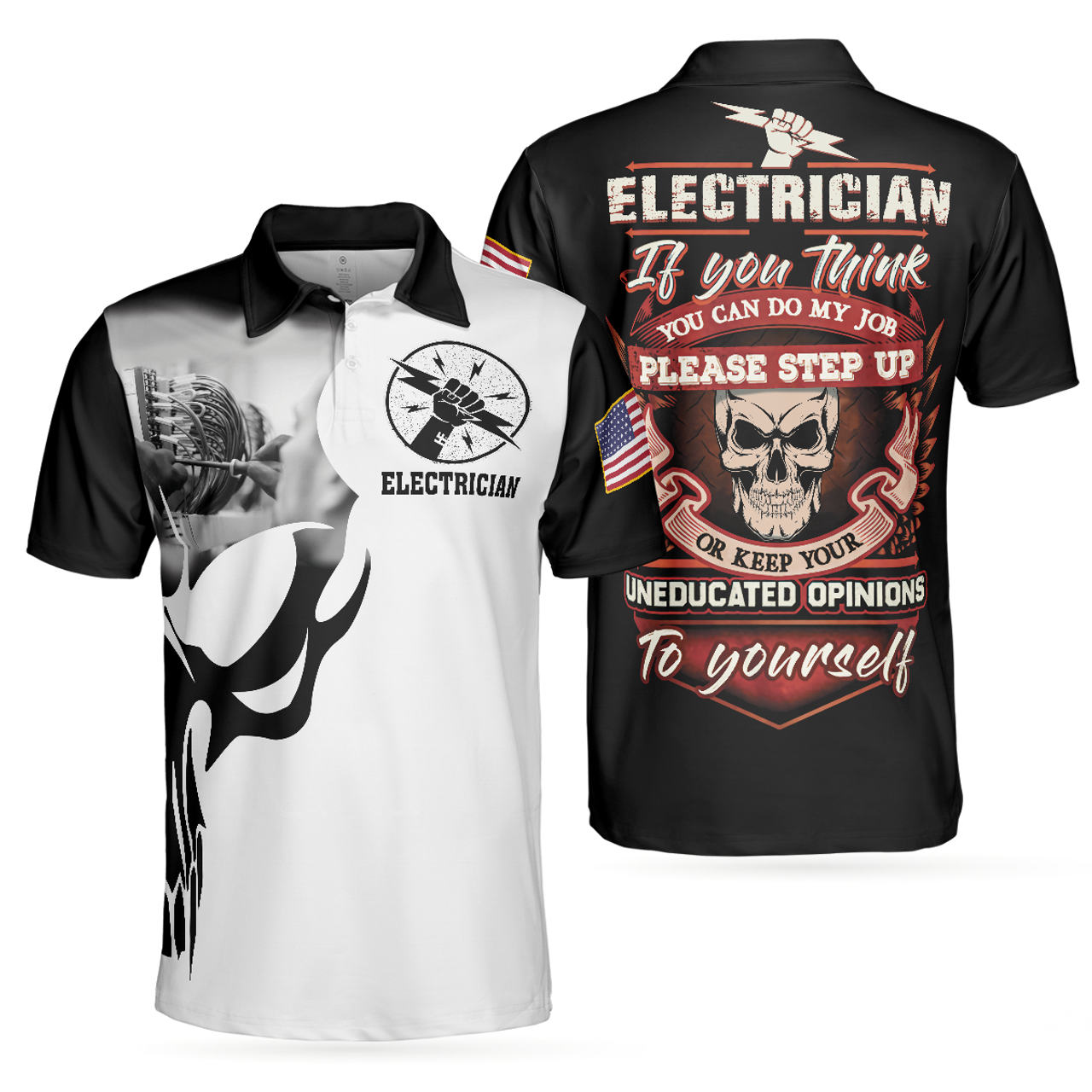 Electrician Proud Skull Black And White Polo Shirt, If You Think You Can Do My Job Electrician Shirt For Men