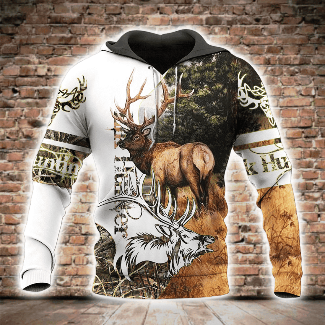 FUNSTUFFPRINT Elk Hunting White Camo Unique 3D Hoodie and Zip Hoodie