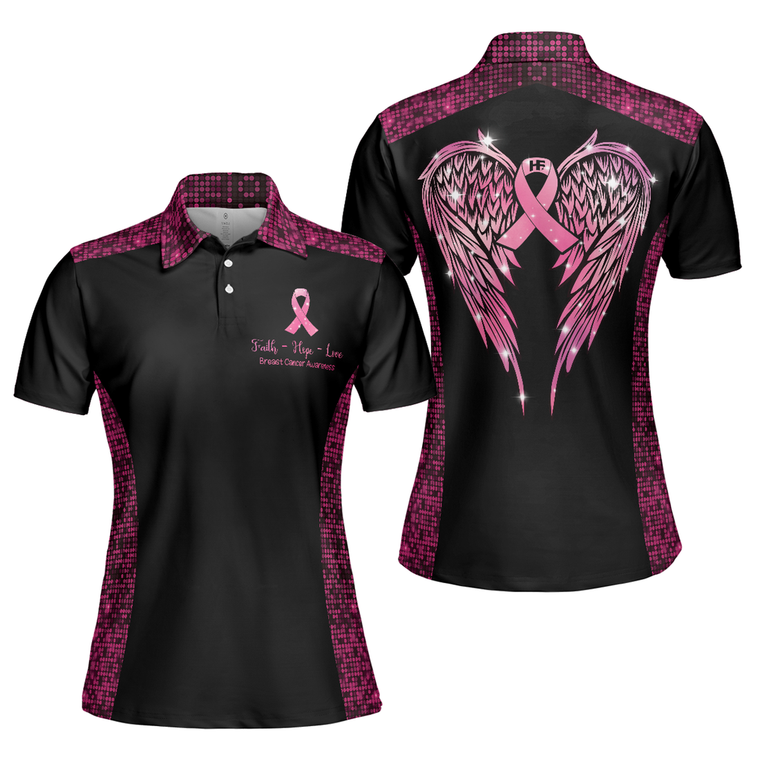 Faith Hope Love Angel Wings Breast Cancer Awareness Short Sleeve Women Polo Shirt, Pink Awareness Ribbon Polo Shirt For Ladies