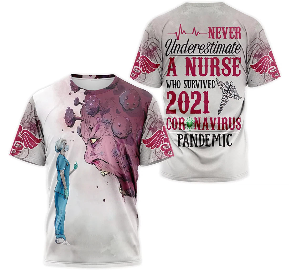 FUNSTUFFPRINT Personalized T-Shirt, Hoodie - Never Underestimate A Nurse Who Survived Virus Pandemic 3D T-shirt