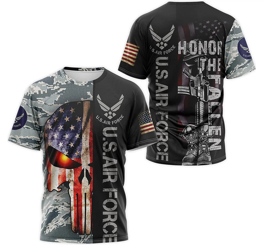 FUNSTUFFPRINT Personalized T-Shirt, Hoodie - Us Air Force Honor The Fallen Skull Camo American Flag 3D T-shirt