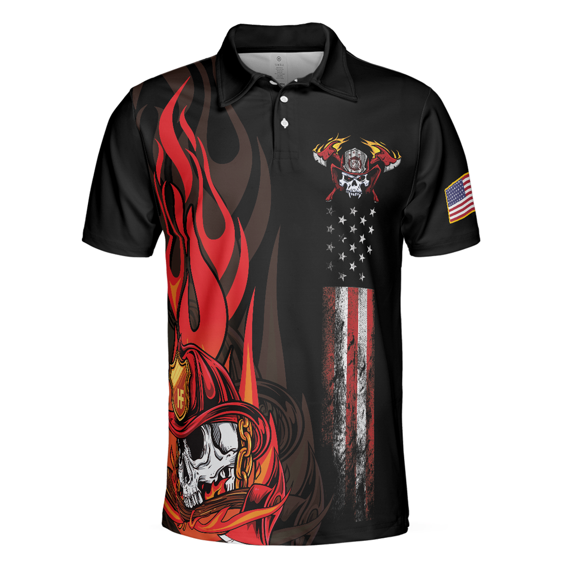 Firefighter Skull Flame Short Sleeve Polo Shirt, First In Last Out American Flag Firefighter Shirt For Men