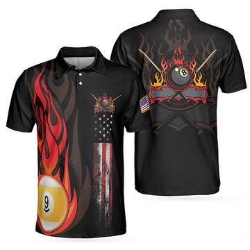 Flame 9 Ball Billiards Pool Polo Shirt, American Flag Billiards Shirt For Men, Gift For Pool Players