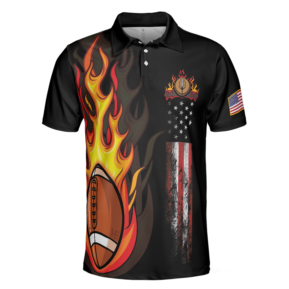 Flame American Football Black Polo Shirt, American Flag Football Polo Shirt, Best Football Shirt For Men