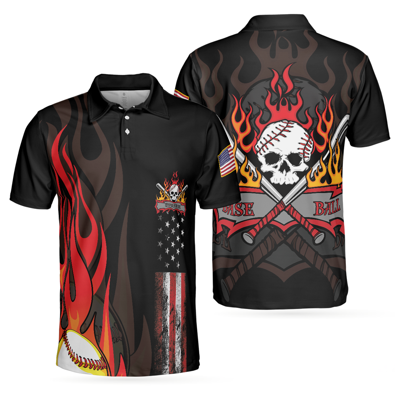 Flame Baseball Skull Polo Shirt, Baseball American Flag Polo Shirt, Best Baseball Shirt For Men