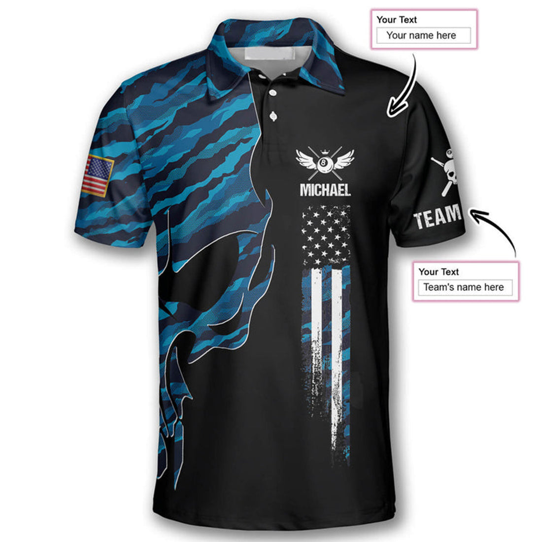Custom Skull Blue Camouflage Custom Billiard Shirts for Men, Men's Billiard Polo Shirts, Custom Billiard ball for Team