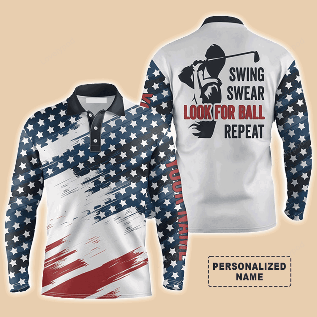 FUNSTUFFPRINT Personalized Name American Flag Golf Long Sleeve Polo Shirt, Swing Swear Look For Ball Repeat 3D Shirt, Gift For Men