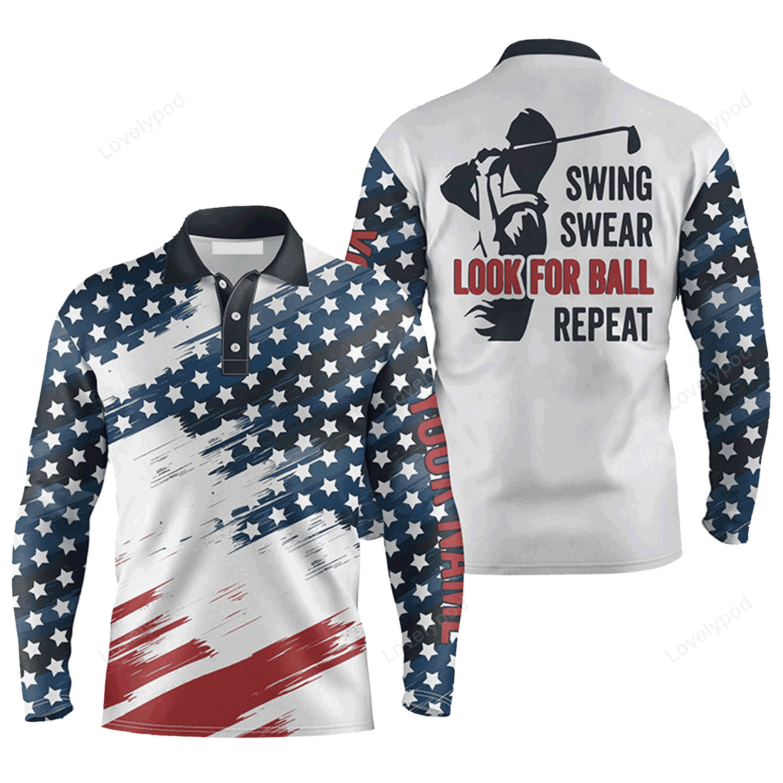 FUNSTUFFPRINT Personalized Name American Flag Golf Long Sleeve Polo Shirt, Swing Swear Look For Ball Repeat 3D Shirt, Gift For Men
