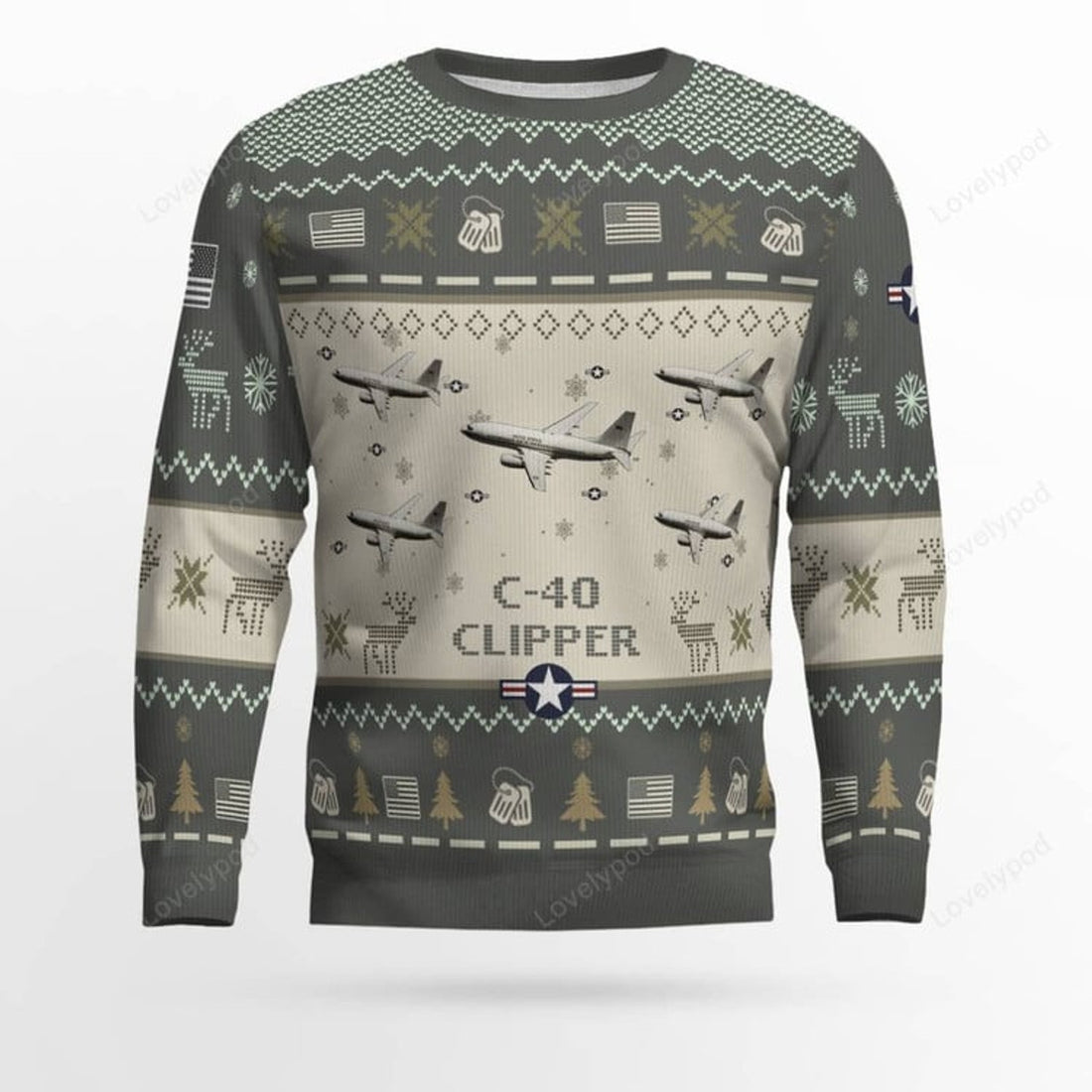 FUNSTUFFPRINT C-40 Clipper C40 Aircraft Ugly Sweater, Ugly Sweater Christmas Shirt for Men Dad Veteran Ugly Sweater