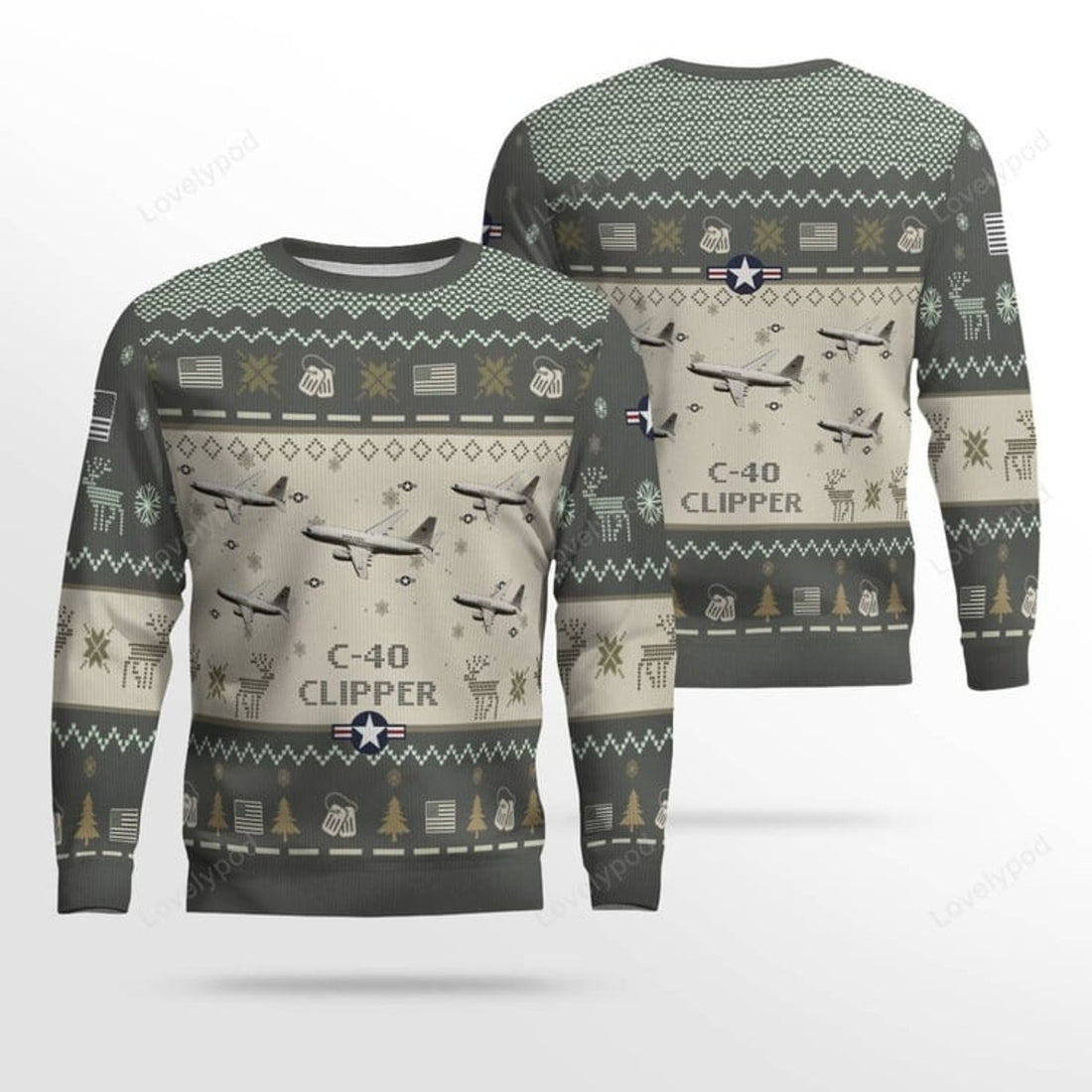 FUNSTUFFPRINT C-40 Clipper C40 Aircraft Ugly Sweater, Ugly Sweater Christmas Shirt for Men Dad Veteran Ugly Sweater