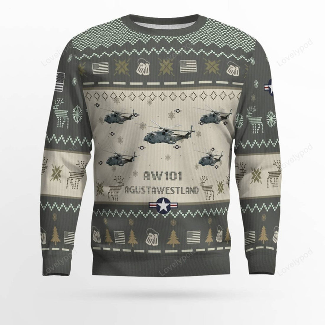 FUNSTUFFPRINT AgustaWestland AW101_Aircraft Ugly Sweater, Ugly Sweater Christmas Shirt for Men Dad Veteran Ugly Sweater