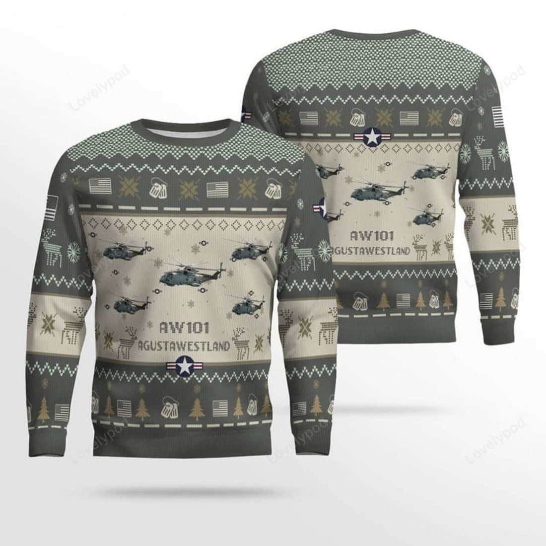 FUNSTUFFPRINT AgustaWestland AW101_Aircraft Ugly Sweater, Ugly Sweater Christmas Shirt for Men Dad Veteran Ugly Sweater