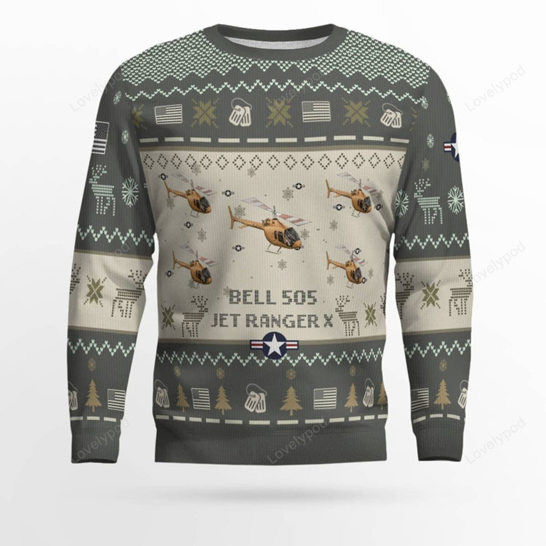 FUNSTUFFPRINT Bell 505 Jet Ranger X Aircraft Ugly Sweater, Ugly Sweater Christmas Shirt for Men Dad Veteran Ugly Sweater