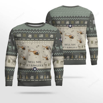 FUNSTUFFPRINT Bell 505 Jet Ranger X Aircraft Ugly Sweater, Ugly Sweater Christmas Shirt for Men Dad Veteran Ugly Sweater