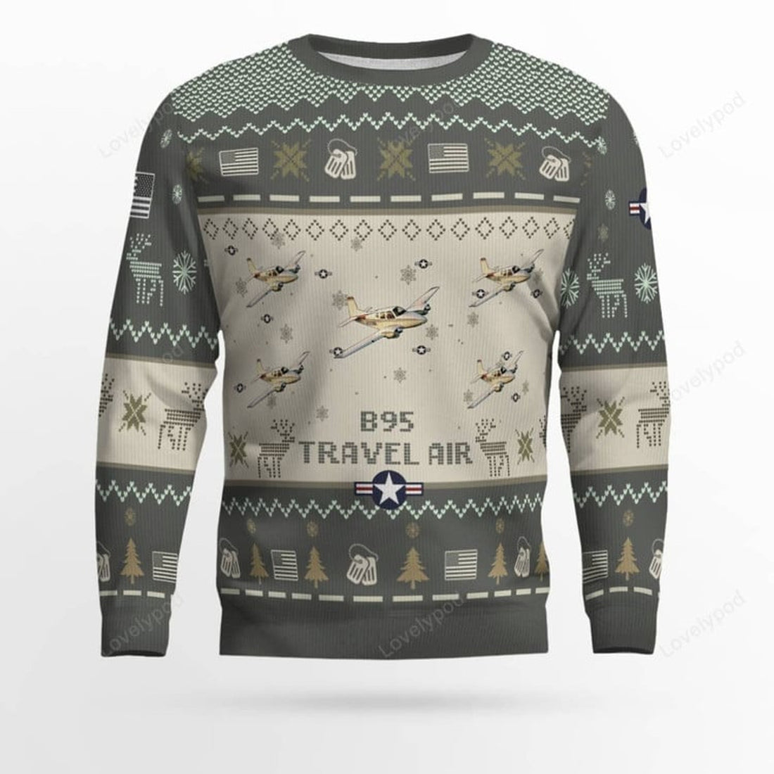 FUNSTUFFPRINT Beechcraft Travel Air B95 Aircraft Ugly Sweater, Ugly Sweater Christmas Shirt for Men Dad Veteran Ugly Sweater