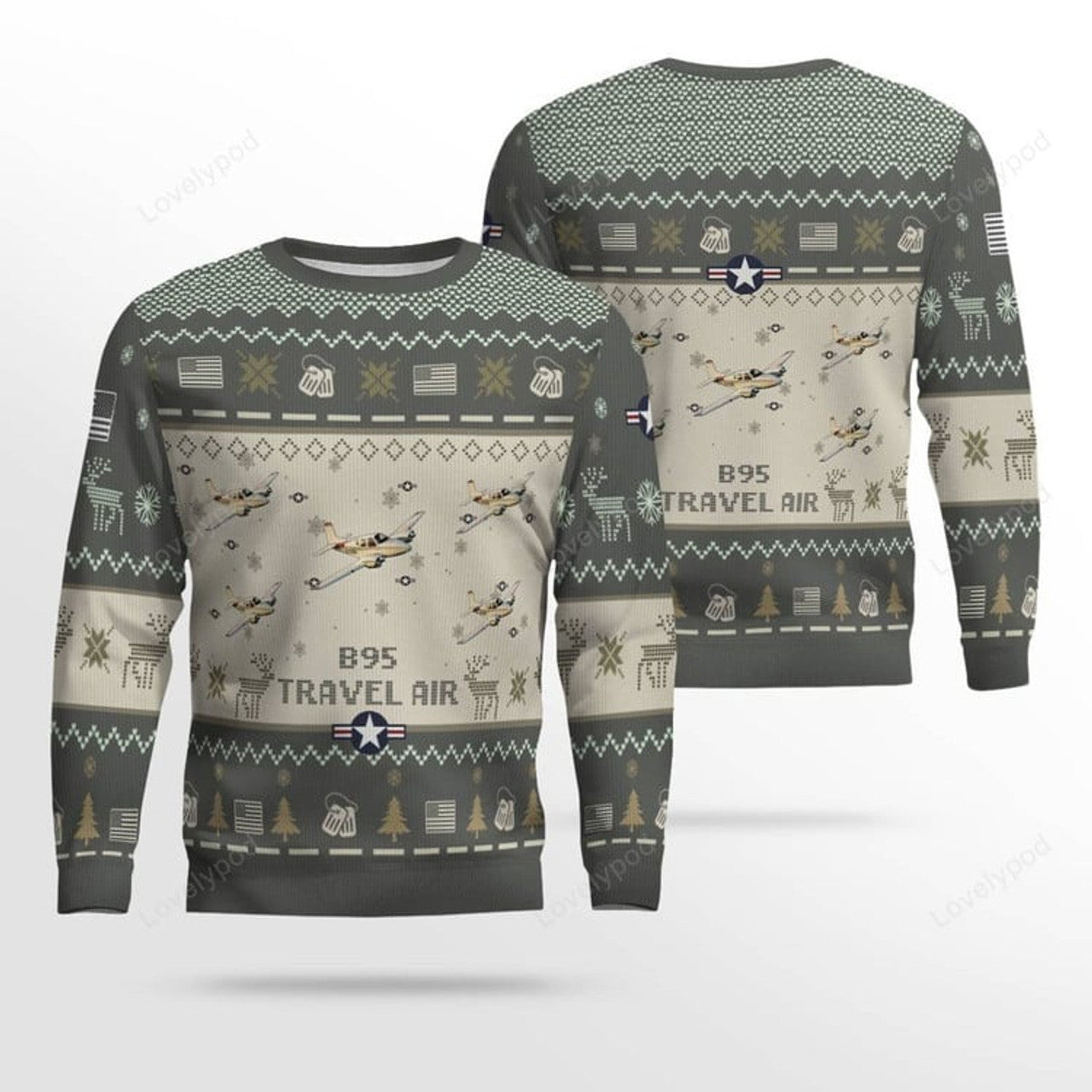 FUNSTUFFPRINT Beechcraft Travel Air B95 Aircraft Ugly Sweater, Ugly Sweater Christmas Shirt for Men Dad Veteran Ugly Sweater