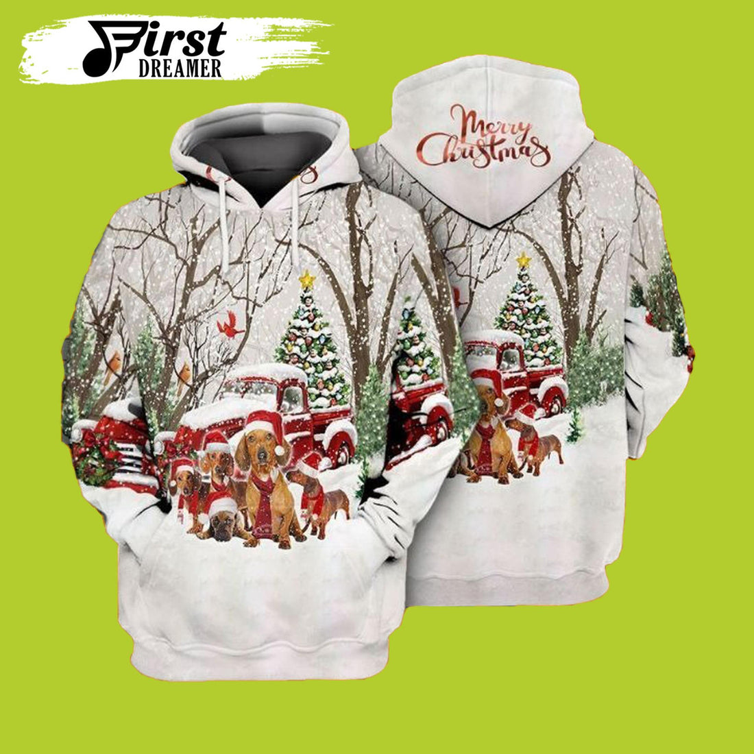 FUNSTUFFPRINT Golden Dog Dachshund Merry Christmas Dog Christmas 3D Hoodie and Zip Hoodie
