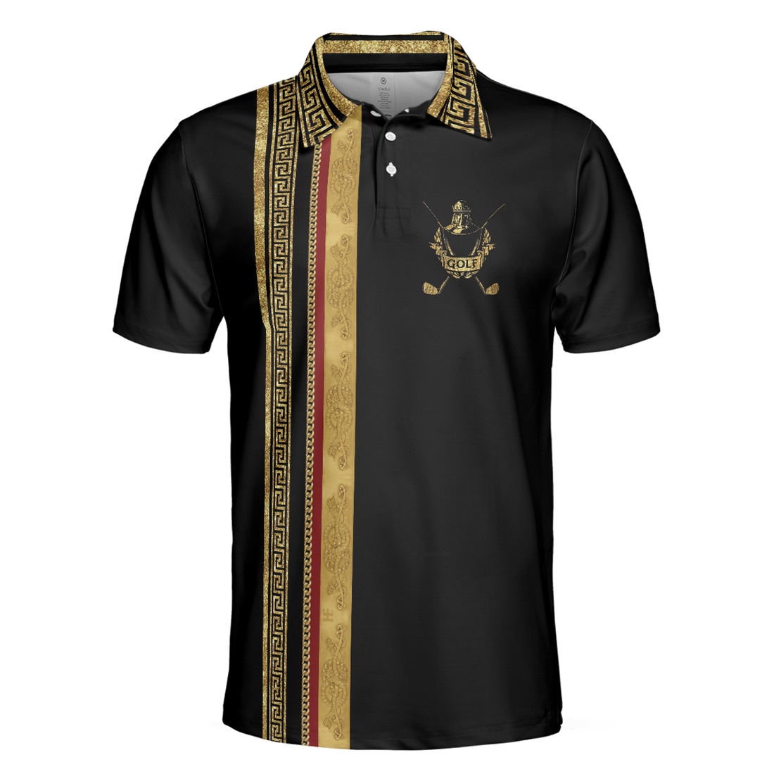 Golf Crusader King Luxury Baroque Pattern Golf Polo Shirt, Elegant Black Golfing Polo Shirt, Best Golf Shirt For Men