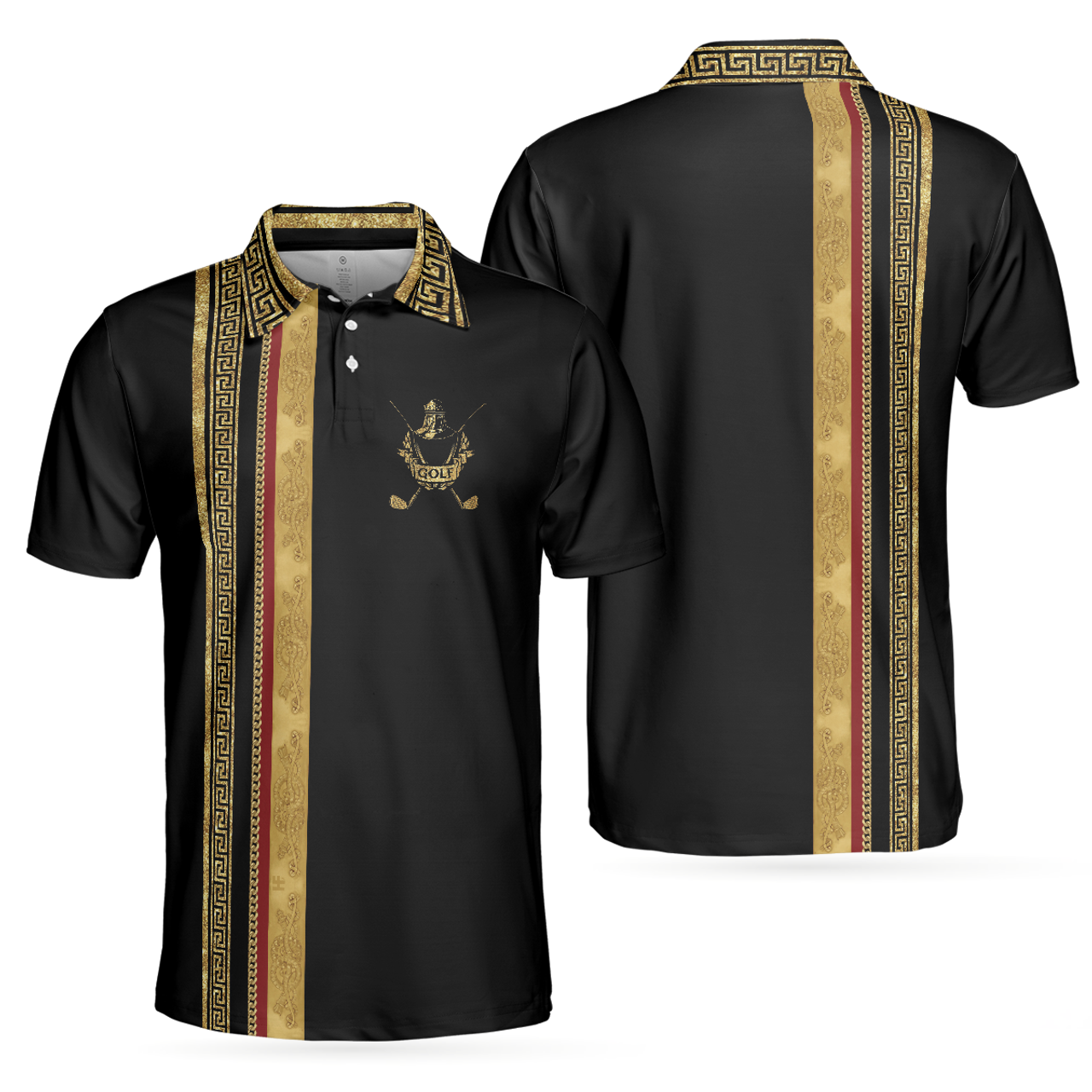 Golf Crusader King Luxury Baroque Pattern Golf Polo Shirt, Elegant Black Golfing Polo Shirt, Best Golf Shirt For Men