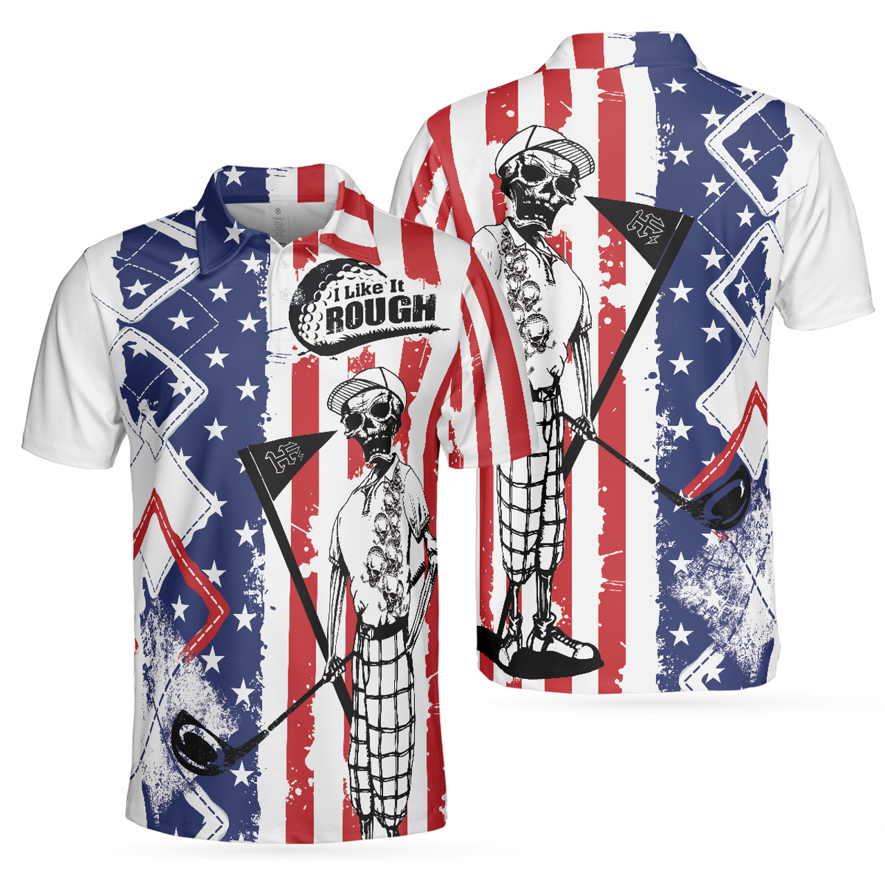 Golf I Like It Rough American Flag Polo Shirt, Argyle Pattern Skeleton Golfing Polo Shirt, Funny Golf Shirt For Men
