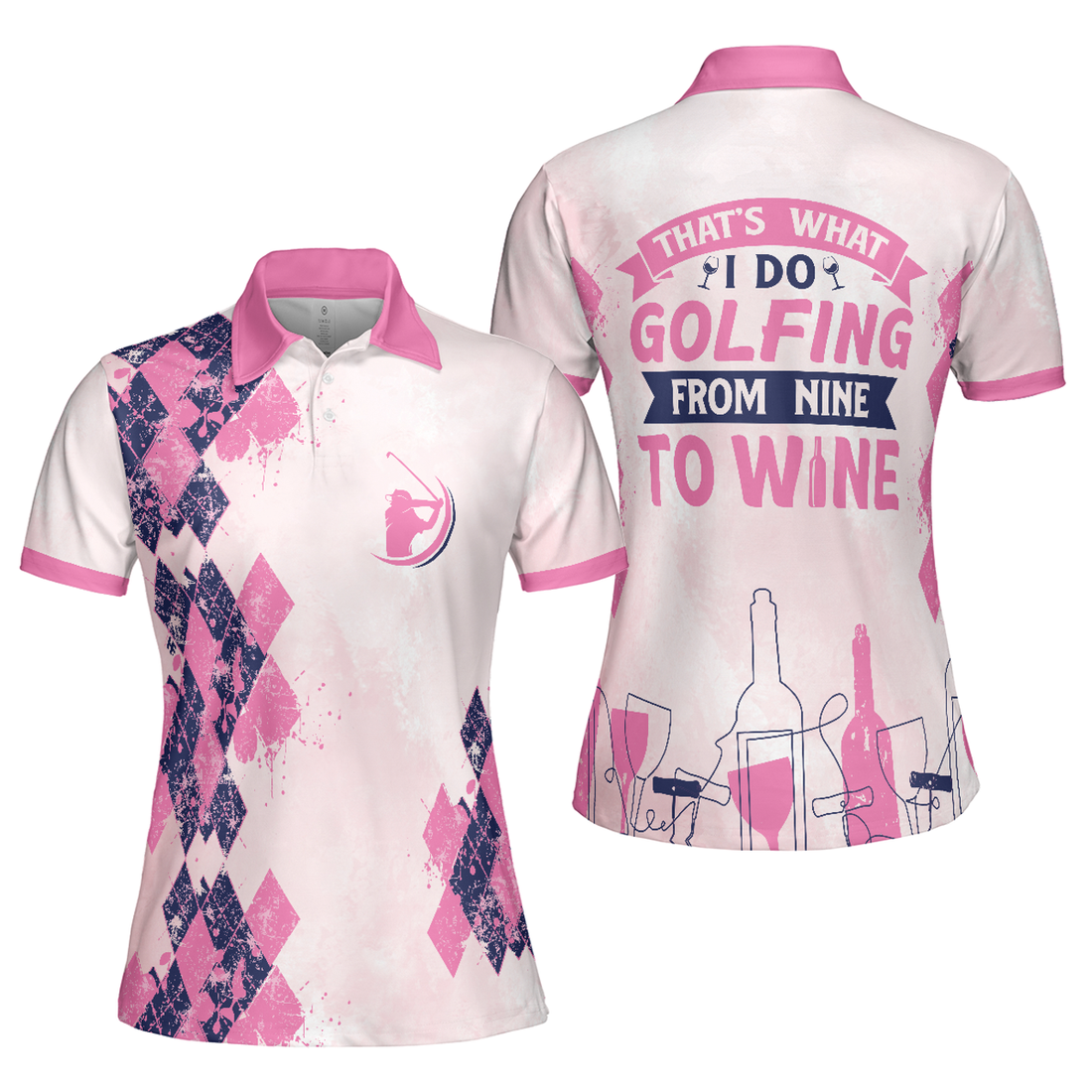 Golfing From Nine To Wine Short Sleeve Women Polo Shirt, White And Red Golf Polo Shirt, Golf Shirt For Wine Lovers
