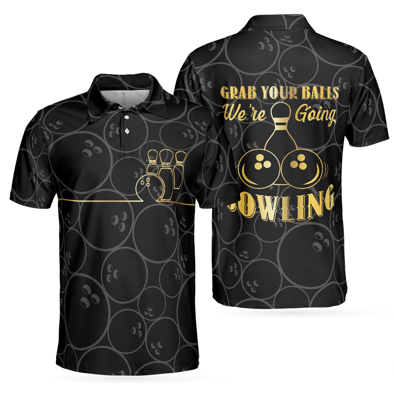 Grab Your Ball We're Going Bowling Polo Shirt, Bowling Ball Pattern Polo Shirt, Black Bowling Shirt For Men