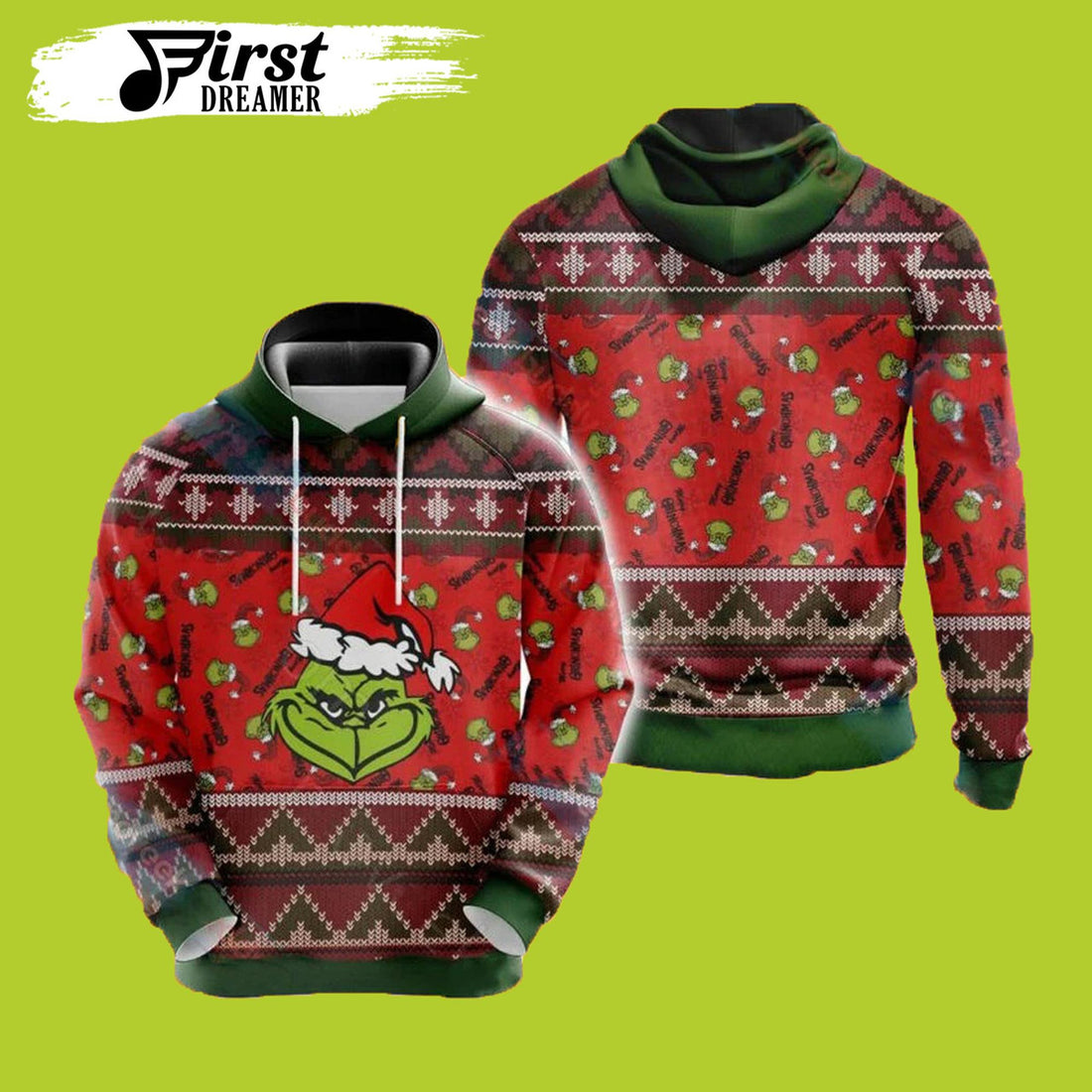 FUNSTUFFPRINT Grinch Christmas Pattern Red Grinch 3D Hoodie and Zip Hoodie