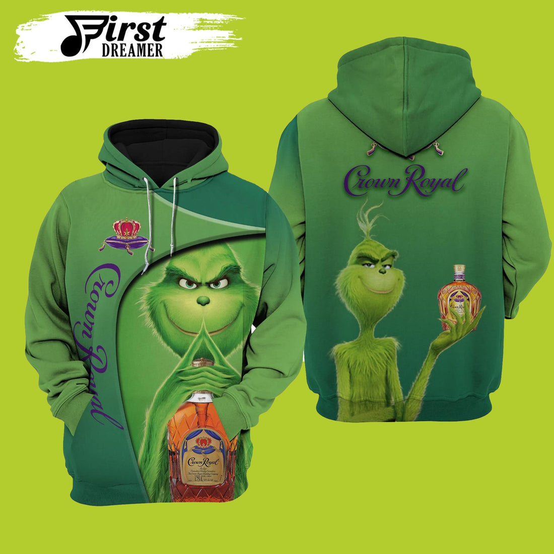 FUNSTUFFPRINT Grinch Crown Royal All Over Printed Grinch 3D Hoodie and Zip Hoodie