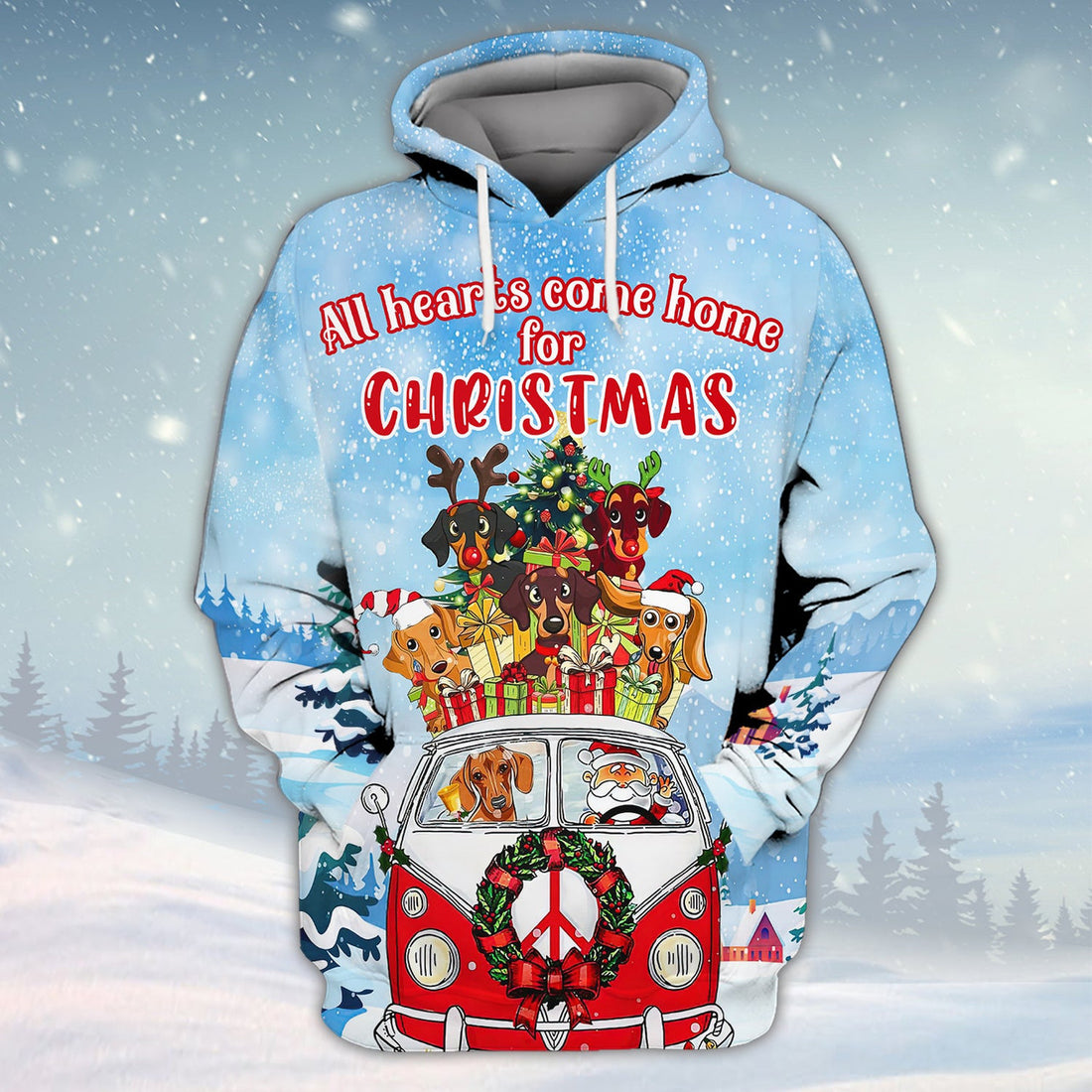 FUNSTUFFPRINT Dachshunds All Hearts Come Home For Christmas 3D Shirt Dachshunds Dog And Santa On Hippie Car 3D Hoodie and Zip Hoodie