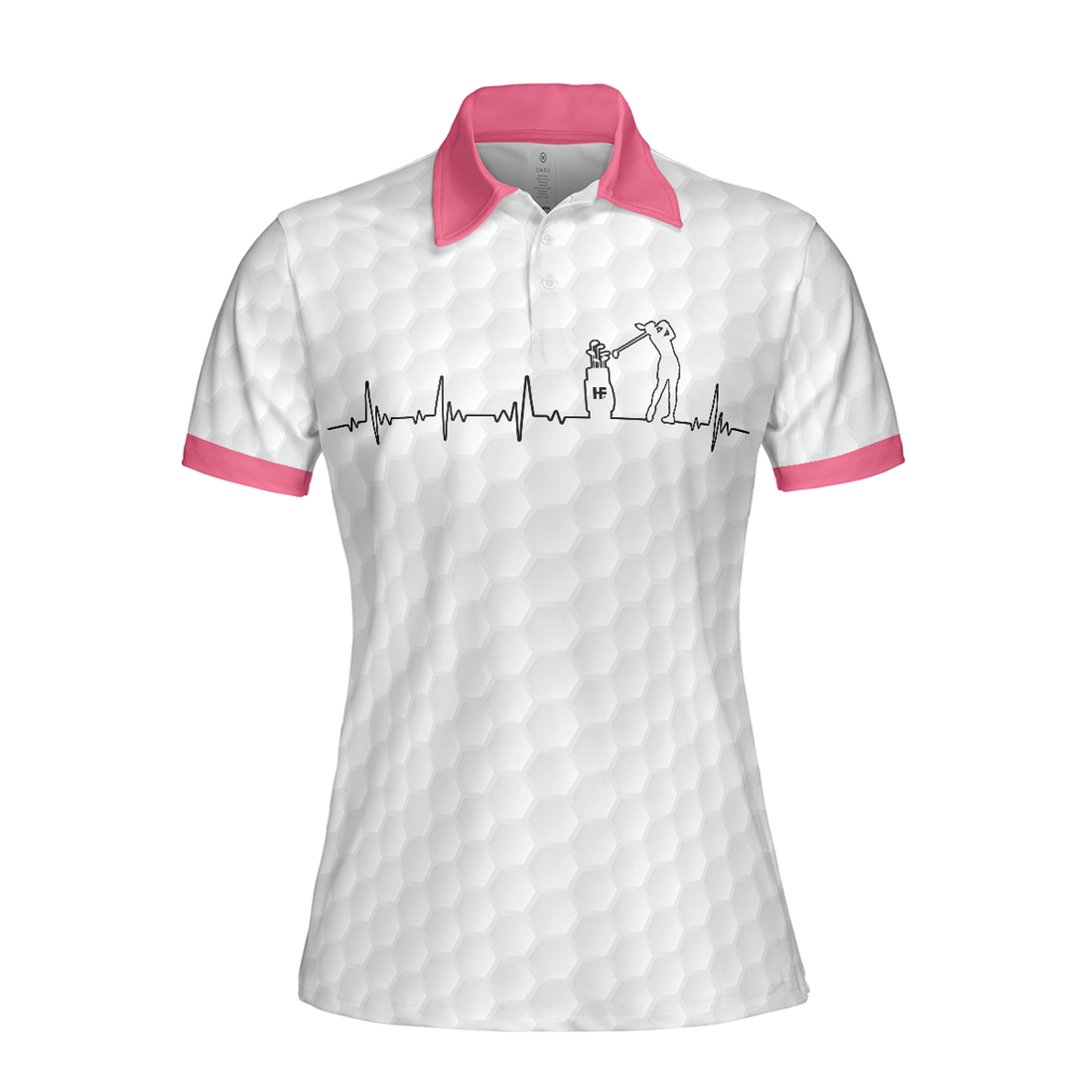 Heartbeat Golfer White And Pink Golf Short Sleeve Women Polo Shirt, Golf Shirt For Ladies