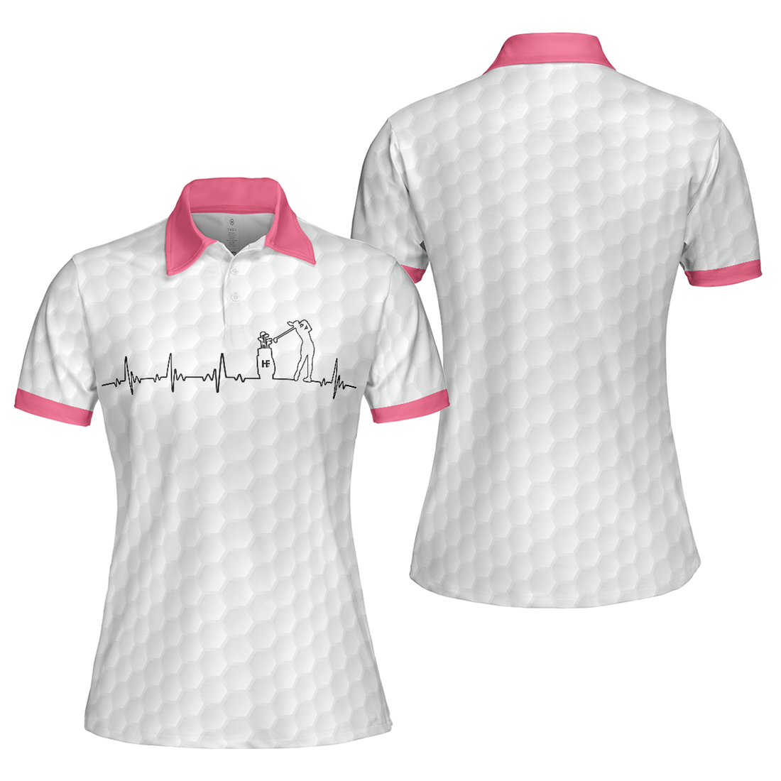 Heartbeat Golfer White And Pink Golf Short Sleeve Women Polo Shirt, Golf Shirt For Ladies