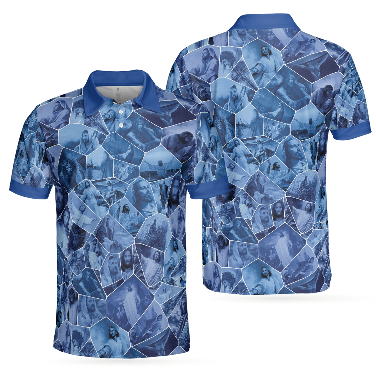 Holy Blue Stained Glass Polo Shirt, Blue Jesus Gallery Polo Shirt, Best Christian Shirt For Men