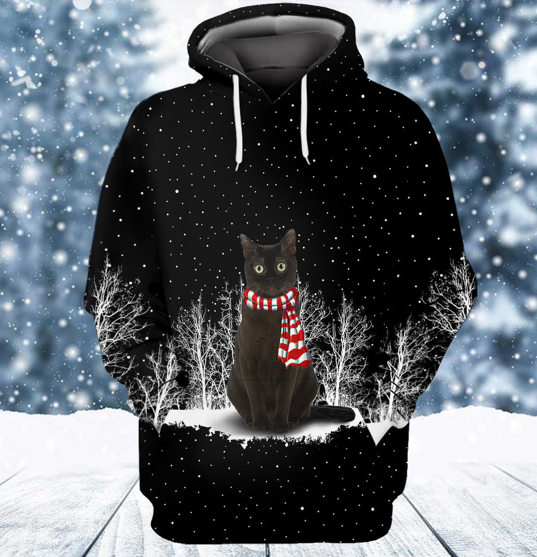 FUNSTUFFPRINT Black Cat And Winter Night 3D Hoodie and Zip Hoodie