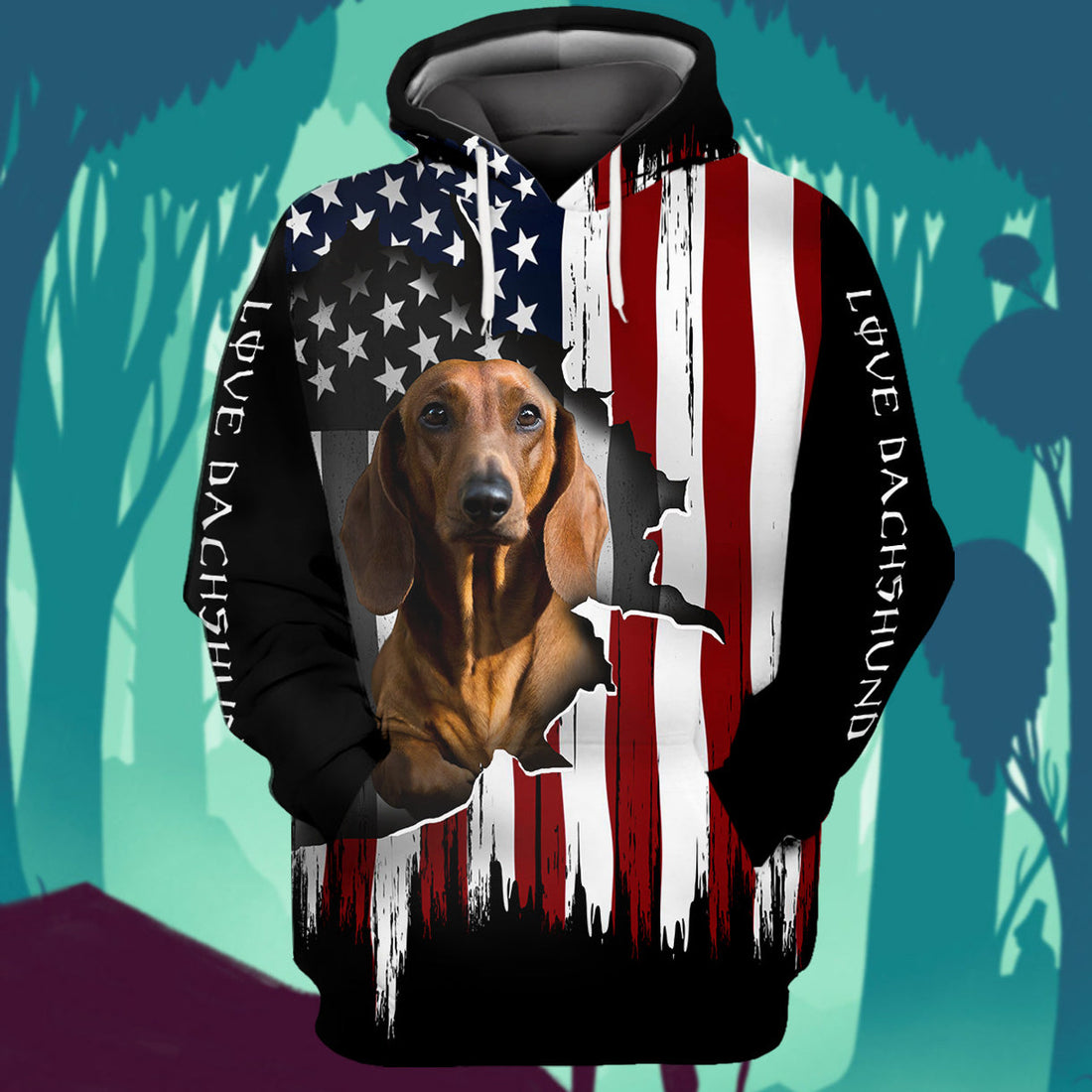 FUNSTUFFPRINT Dachshund Flag American 3D Hoodie and Zip Hoodie