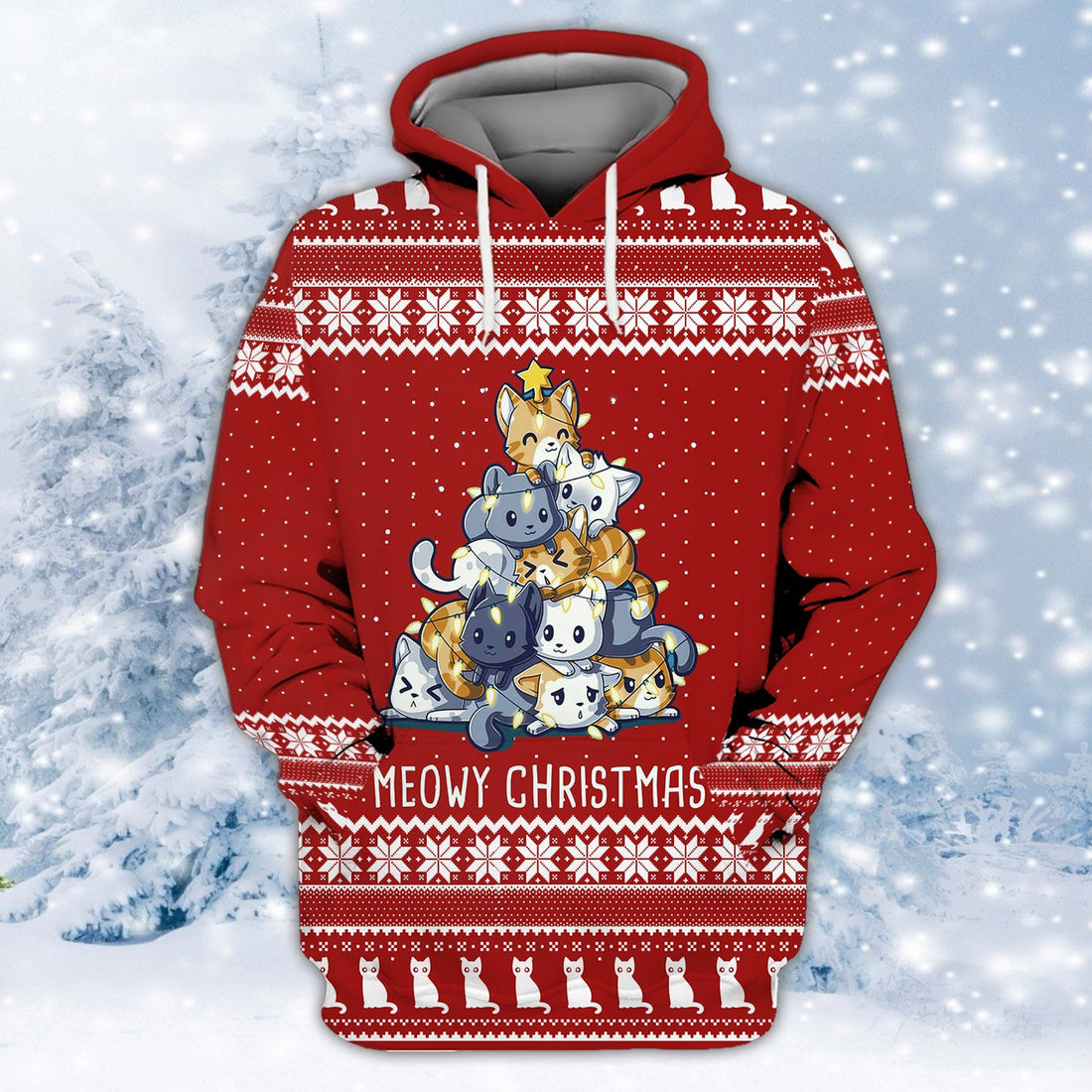 FUNSTUFFPRINT Meowy Christmas 3D Hoodie and Zip Hoodie