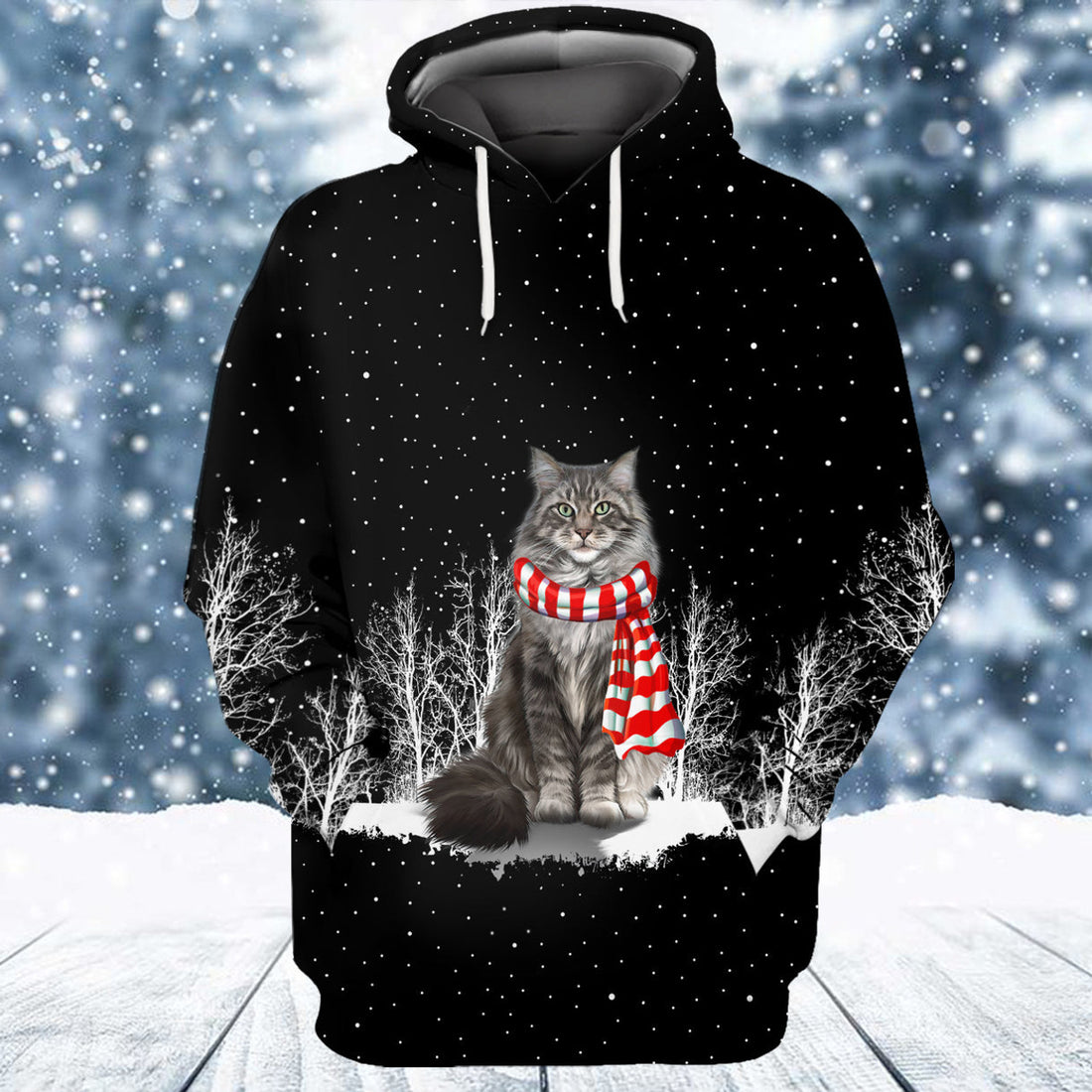FUNSTUFFPRINT Cat Maine Coon And Winter Night 3D Hoodie and Zip Hoodie
