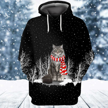 FUNSTUFFPRINT Cat Maine Coon And Winter Night 3D Hoodie and Zip Hoodie