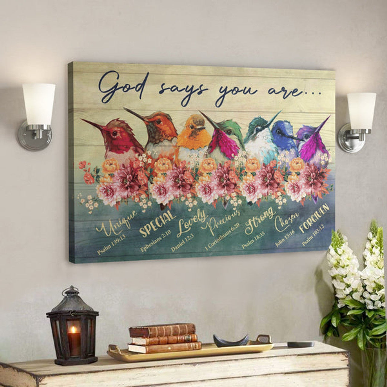 Bible Verse Wall Art Canvas - Colorful Hummingbird - God Says You Are Canvas 