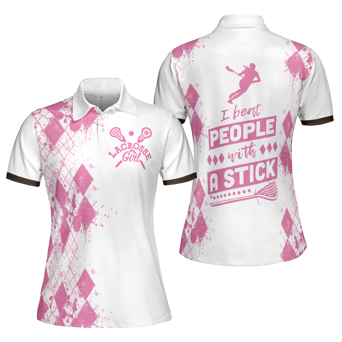 I Beat People With A Stick Lacrosse Short Sleeve Women Polo Shirt, White And Pink Lacrosse Shirt For Ladies