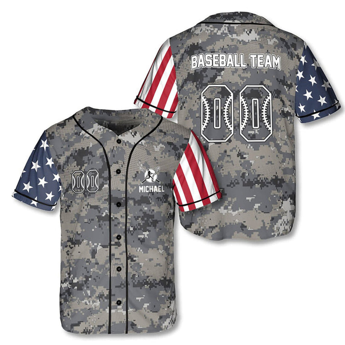 Custom Personalized Baseball American Camo Patriot 3D All Over Print Baseball Jersey Shirt