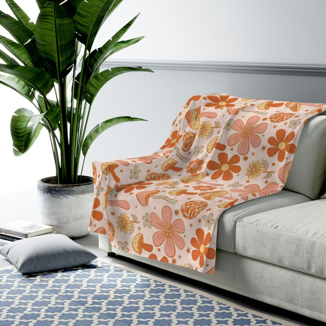 FUNSTUFFPRINT Retro Hippie Velveteen Plush Fleece Blanket, soft cozy couch throw blanket, cottagecore plush blanket