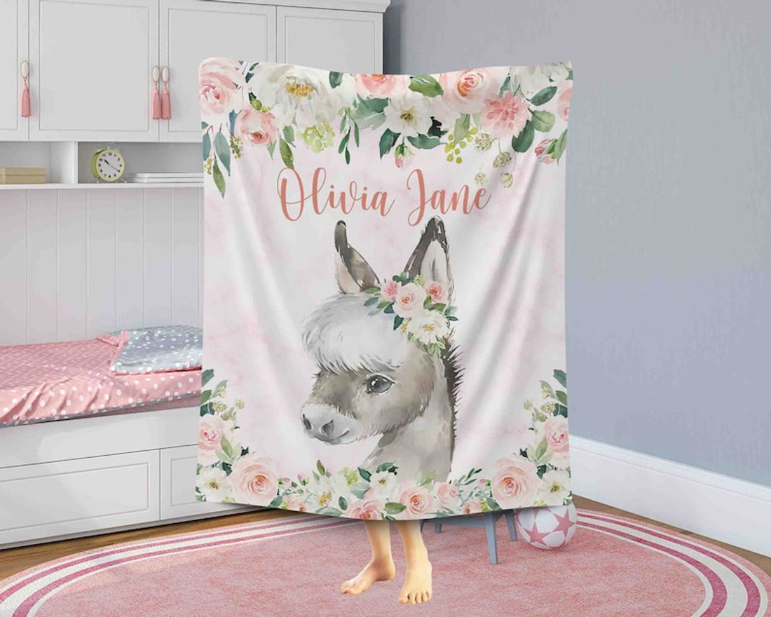 FUNSTUFFPRINT Custom  Baby Horse Blanket, Pink Floral Donkey Nursery Blanket, Rose Flowers Little Girl Blanket, Baby Shower Gift, Kids Custom Blanket